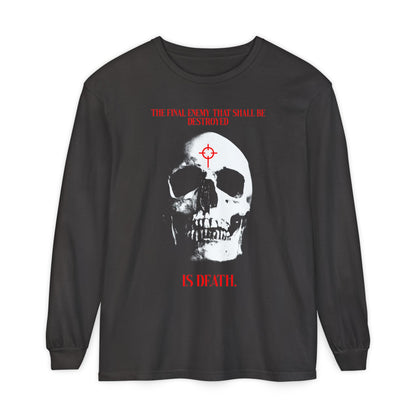 The Final Enemy That Shall Be Destroyed (1 Cor 15:26) | Skull in Crosshairs | Gothic Style Orthodox Christian Long Sleeve Shirt