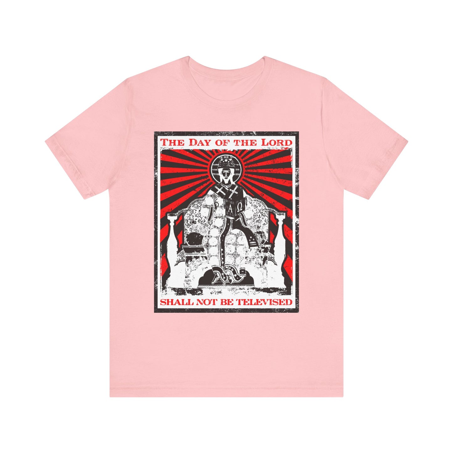 Showcase your Christian faith and spark meaningful conversations about Bible verses and the Second Coming with our pink lightweight cotton unisex tee, featuring a bold “The Day of the Lord Shall Not Be Televised” graphic in striking red and black.