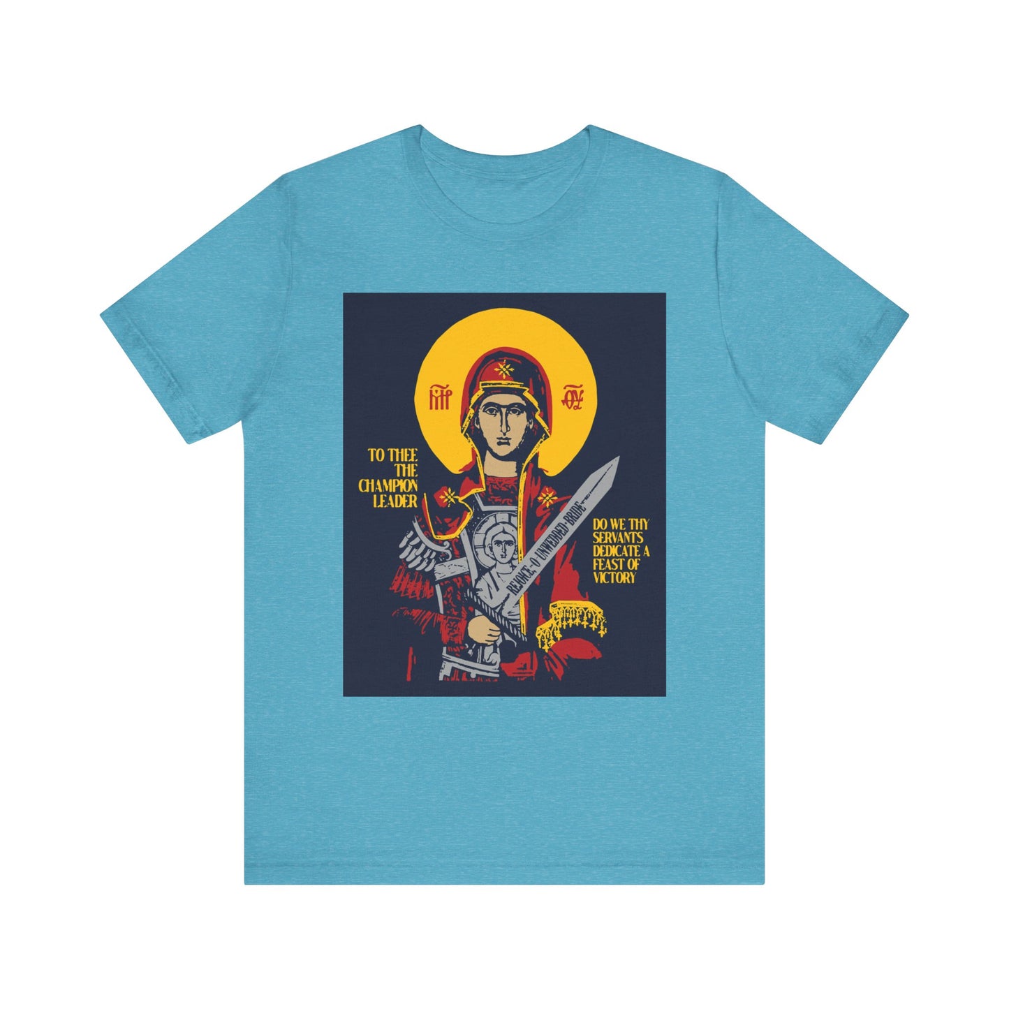 The To Thee the Champion Leader unisex tee in Heather Aqua features a graphic of the Theotokos with a sword, inspired by Orthodox Christian tradition. Lightweight cotton for comfort.