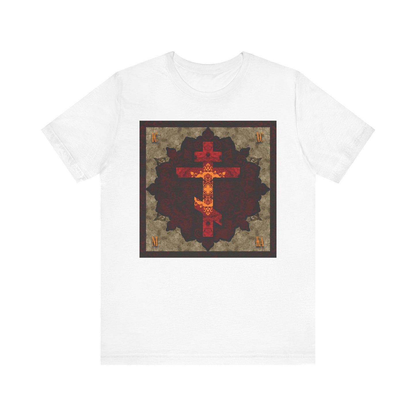 White t-shirt featuring the ICXC NIKA Artistic Textured Red & Gold Russian Cross on an ornate, dark background, inspired by Orthodox Christian virtues and the legacy of St. John of Shanghai and San Francisco; made from lightweight cotton in a unisex fit.