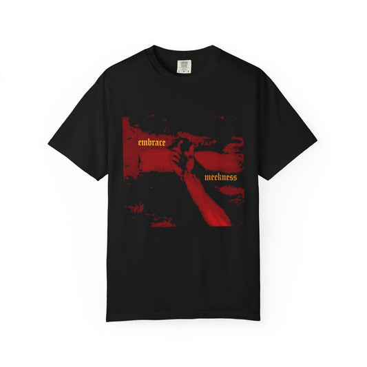 Black heavyweight cotton tee with red haunting crucified hand of Christ artwork, "embrace" and "meekness" in yellow, inspired by Kenosis and The Ladder of Divine Ascent. Unisex design: The meek shall inherit the earth.