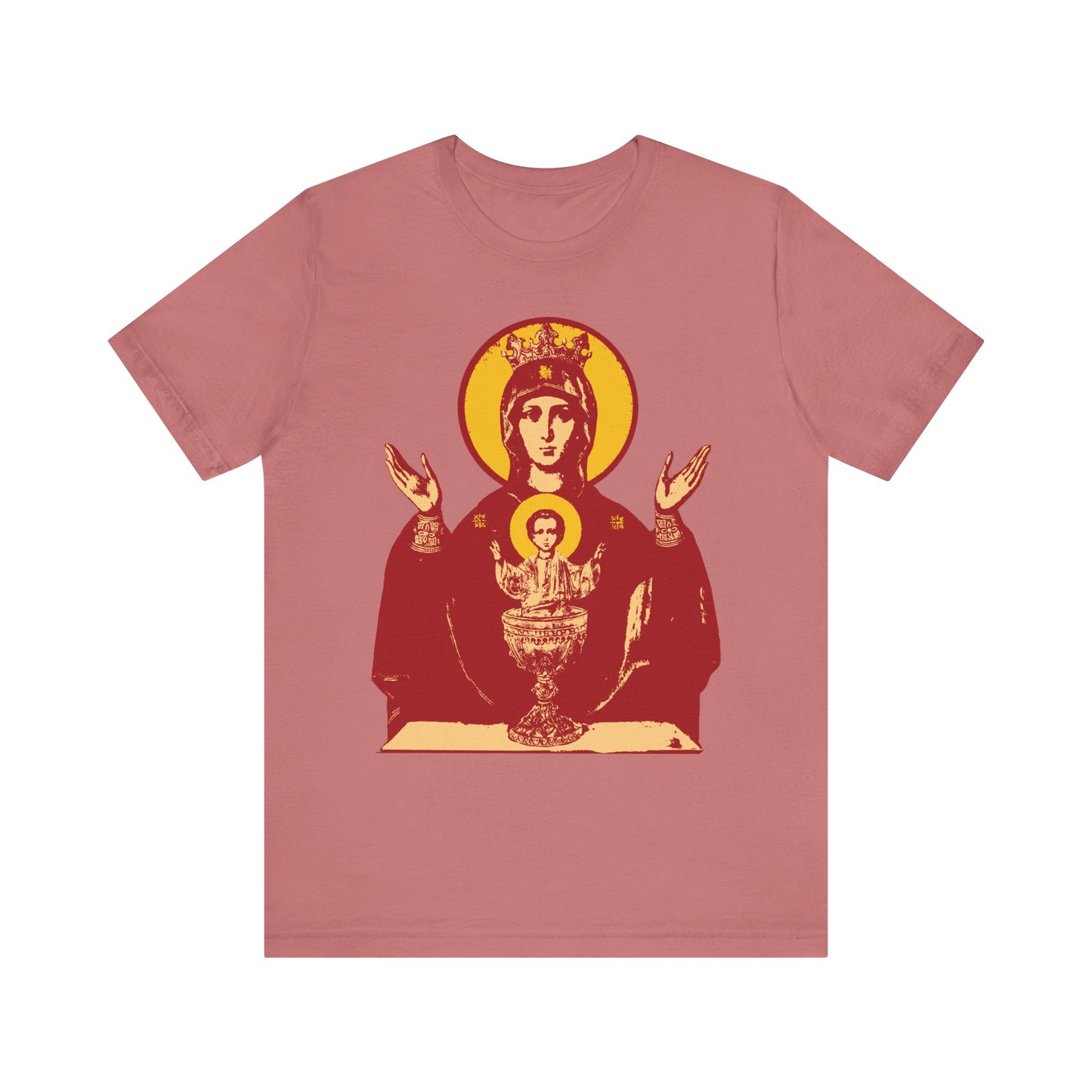 Mauve lightweight cotton unisex t-shirt featuring the Holy Theotokos IconoGraphic of the Inexhaustible Chalice with Christ child—Deliverer from Addictions and Conqueror of Passions.