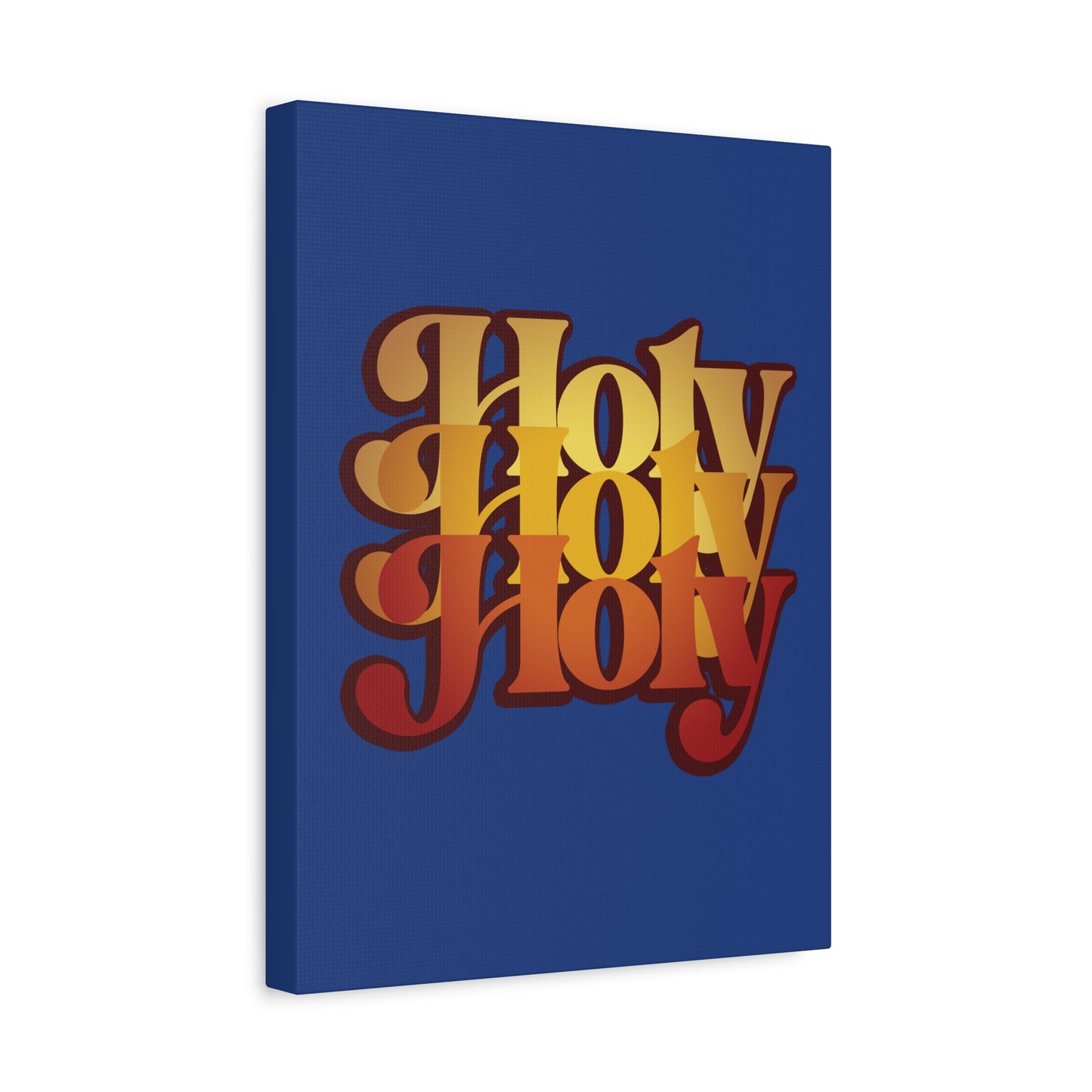 A blue canvas titled "Holy Holy Holy Trisagion Liturgical Prayer 70s Style" features bold yellow and orange retro text, inspired by Isaiah 6 and Orthodox tradition, perfect as Christian wall art.