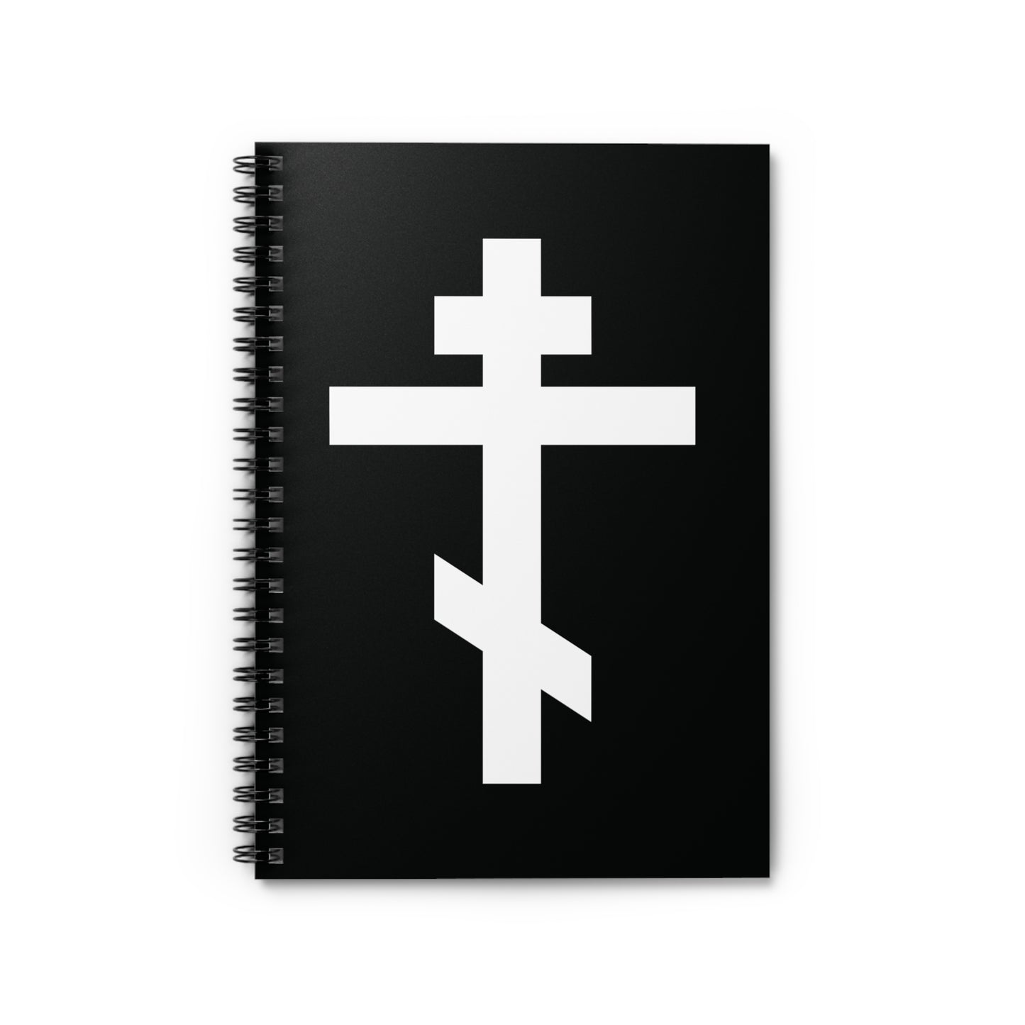 Orthodox spiral notebook with a bold white Orthodox cross on the cover and the quote, "May I never boast, except in the cross of our Lord Jesus Christ" (Gal 6:14).