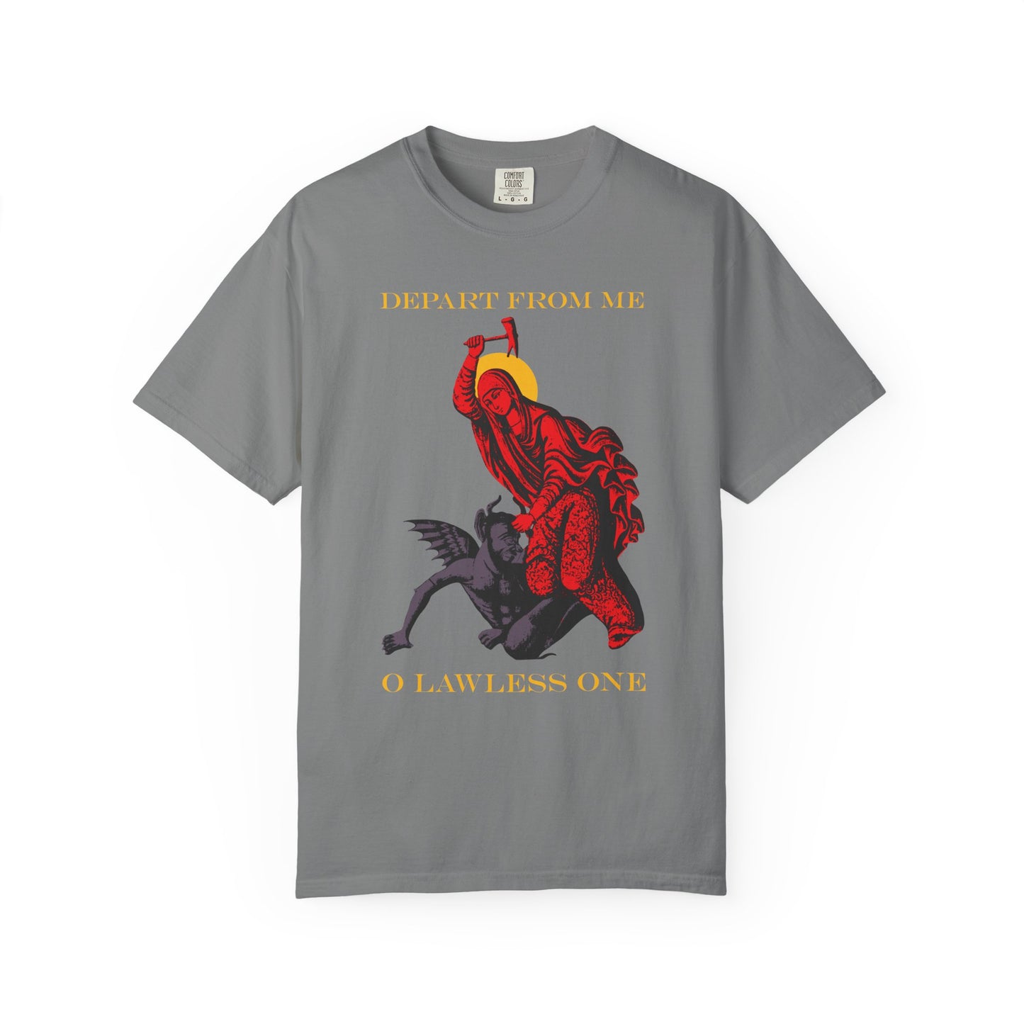 Grey heavyweight cotton unisex T-shirt, "St Marina IconoGraphic (Depart from Me O Lawless One)", shows Saint Marina beating the devil with a hammer and yellow text—a tribute to the Great Martyr’s life.