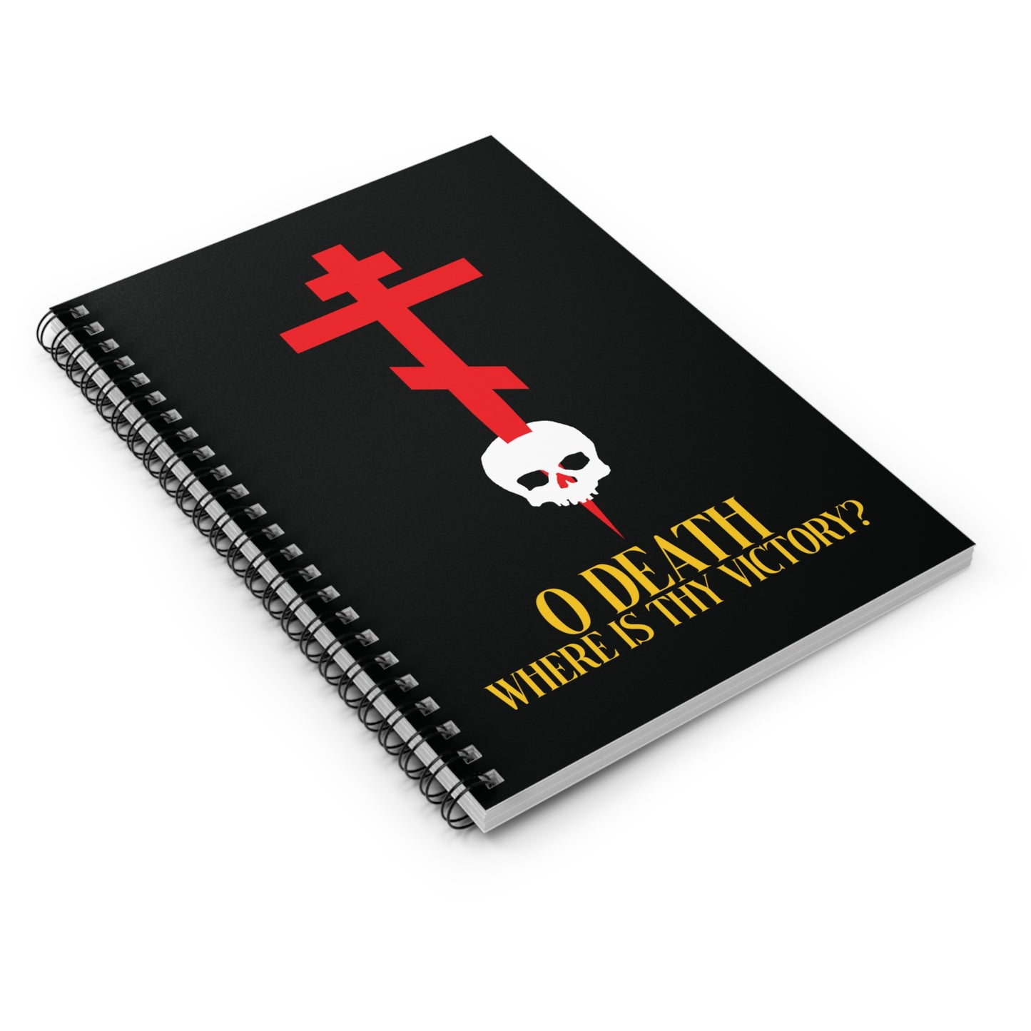 A black spiral notebook featuring a red Orthodox cross stabbing a skull with yellow "O Death Where is Thy Victory?" text (1 Corinthians 15:55).
