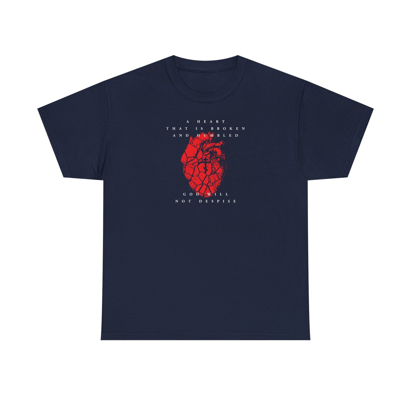 Navy Christian heavy cotton t-shirt featuring a cracked heart with an Orthodox cross and white text: "A heart that is broken and humbled God will not despise"—inspired by Psalm 51 and the prayer of repentance.