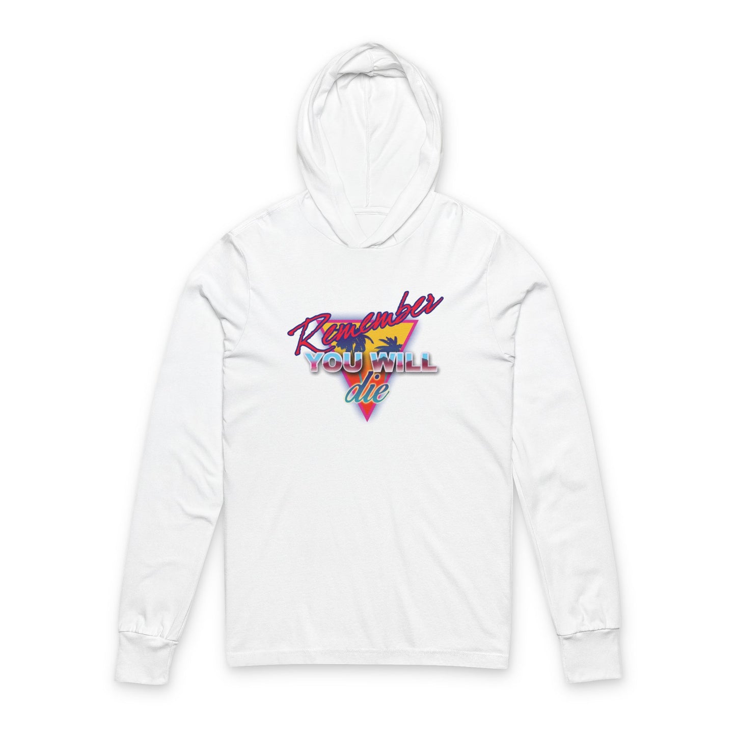 White cotton hooded shirt featuring "Remember You Will Die" in 80s retro synthwave style with a palm tree graphic—nostalgic Orthodox design inspired by memento mori and St. John Climacus.