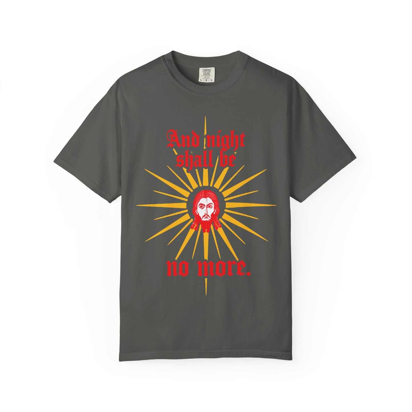 And Night Shall Be No More | Rev 22:5 | Jesus Christ Mandylion IconoGraphic | Gothic Text | Orthodox Christian Heavyweight Cotton Unisex Tee