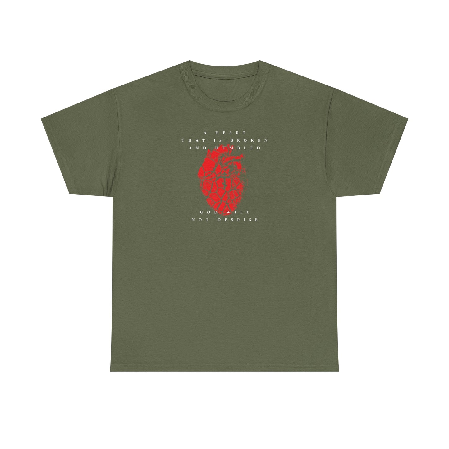 Military green t-shirt with a cracked heart and Orthodox cross design, inspired by repentance and Psalm 51: "A Heart That is Broken and Humbled God Will Not Despise." Heavy cotton, Christian-themed apparel.