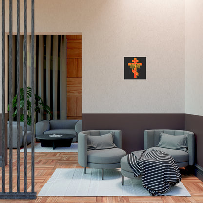 A modern lounge features grey chairs, a striped blanket, and the "Every Knee Shall Bow" Christian art poster—gold and red floral Orthodox cross with Gothic lettering—reflecting Isaiah 45:22-24 and Phil 2:7-11.