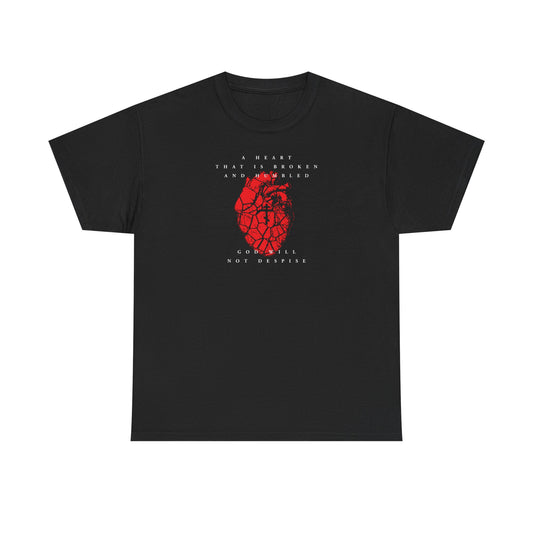 Black t-shirt featuring a cracked red heart with Orthodox cross and the phrase "A Heart That is Broken and Humbled God Will Not Despise"—inspired by Psalm 51, symbolizing repentance. Christian heavy cotton tee.