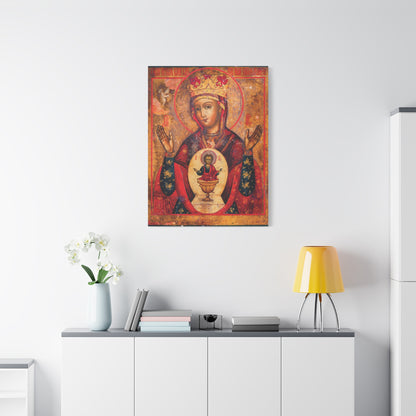 A serene vignette reminiscent of a Holy Table is created by the Mother of God of Nicaea Russian Orthodox Christian Icon | Panagia | Theotokos Mary | Religious Canvas Sacred Wall Art hanging above a white cabinet adorned with books, flowers in a vase, and a yellow lamp.