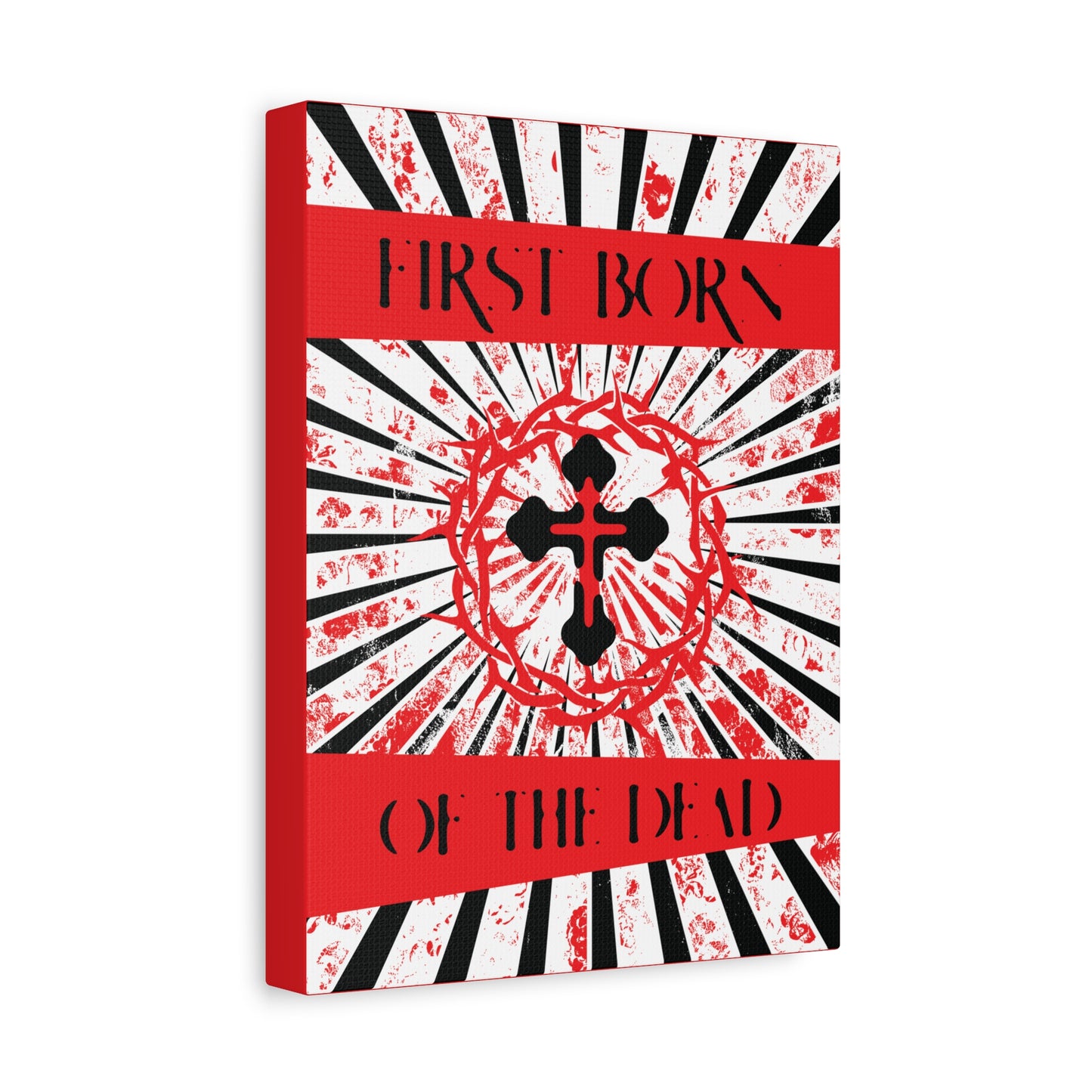 First Born of the Dead | Orthodox Cross and Crown of Thorns | Red White and Black Textured Design with Rays | Orthodox Christian Canvas Art