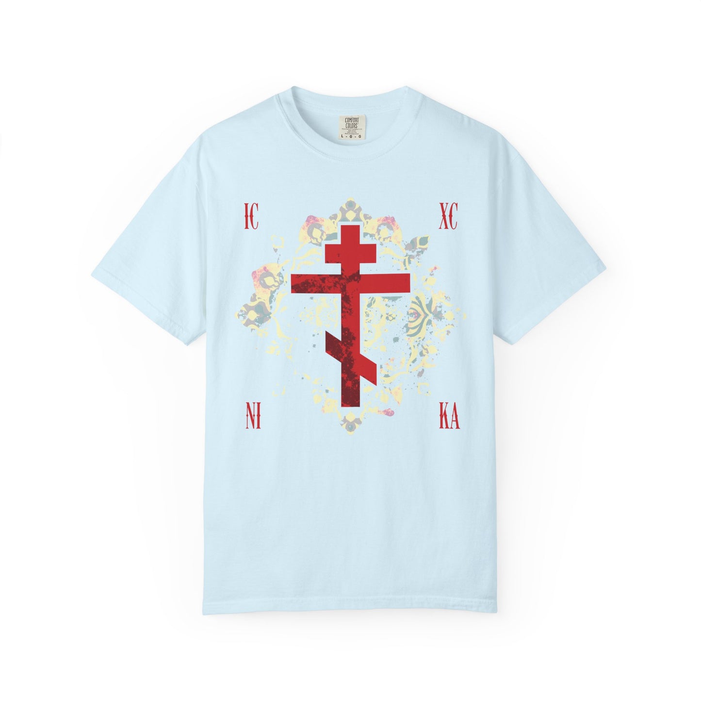 Chambray heavyweight cotton unisex tee featuring a textured red Orthodox cross with Greek letters ICXC NIKA and a medieval floral background, inspired by spiritual warfare and St John of Kronstadt.