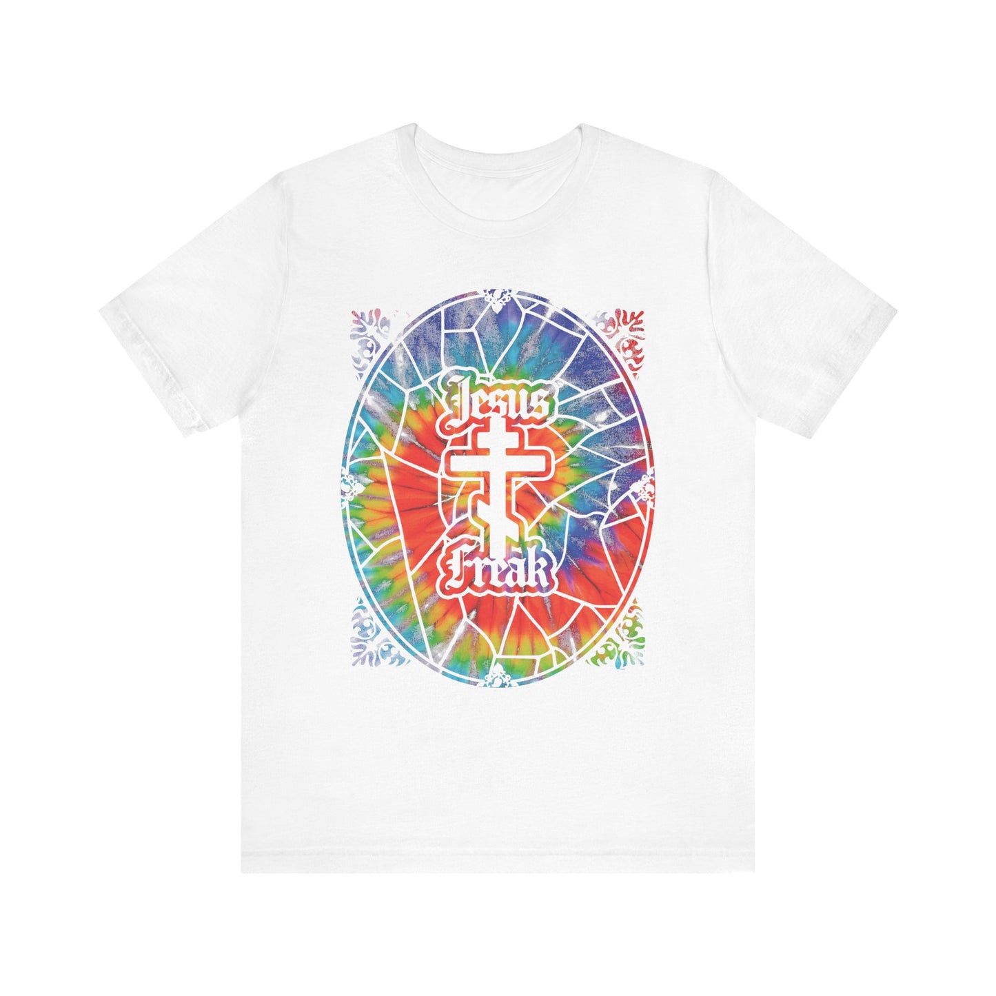 White “Jesus Freak” cotton tee featuring a tie-dyed stained glass window design and an Orthodox cross—perfect for fans of the 70s Jesus Movement and hippie Christian style.