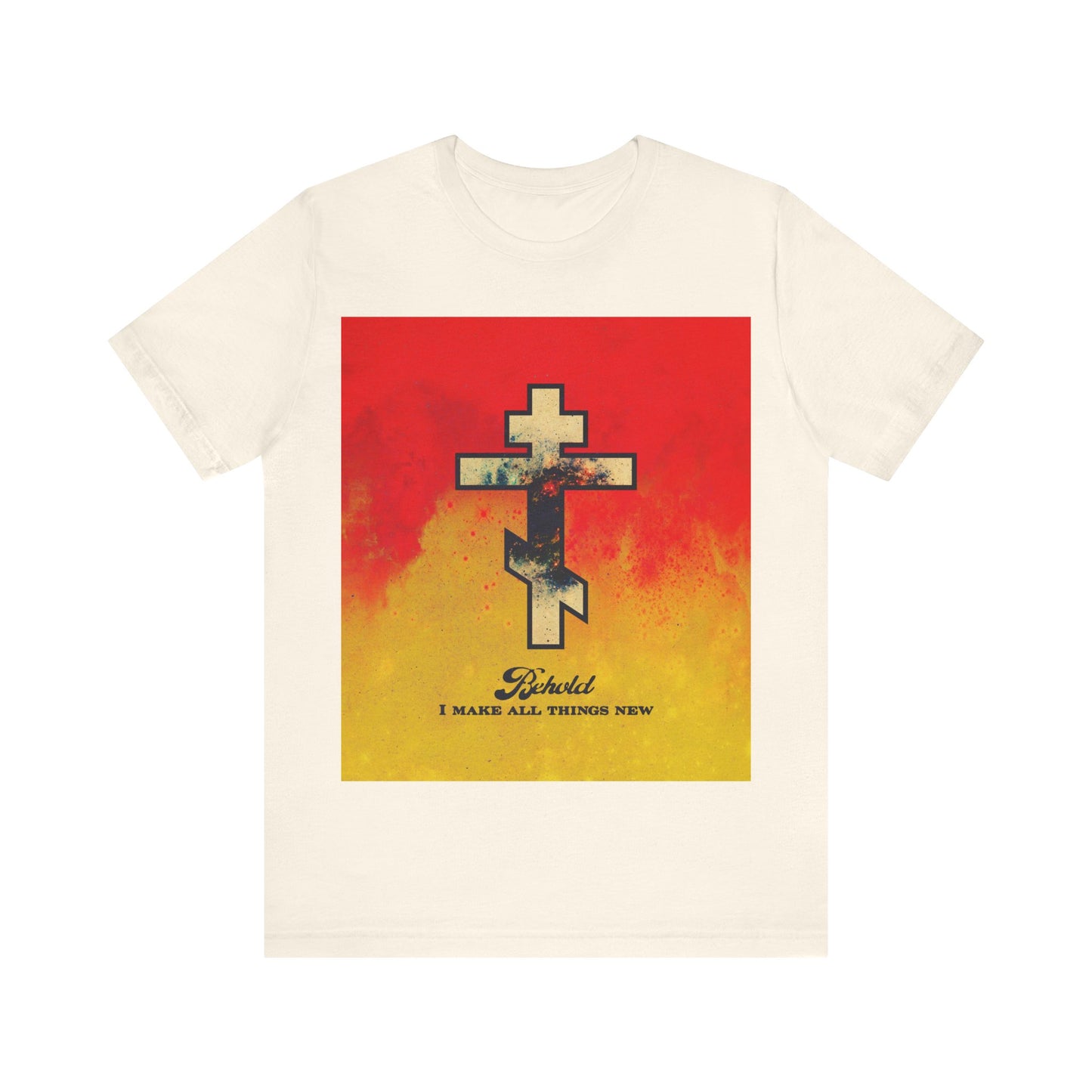 Behold, I Make All Things New (Revelation 21:5) | Cosmic Orthodox Cross on Red and Yellow Background | Orthodox Christian Cotton T-Shirt