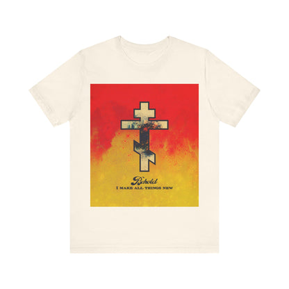 Behold, I Make All Things New (Revelation 21:5) | Cosmic Orthodox Cross on Red and Yellow Background | Orthodox Christian Cotton T-Shirt
