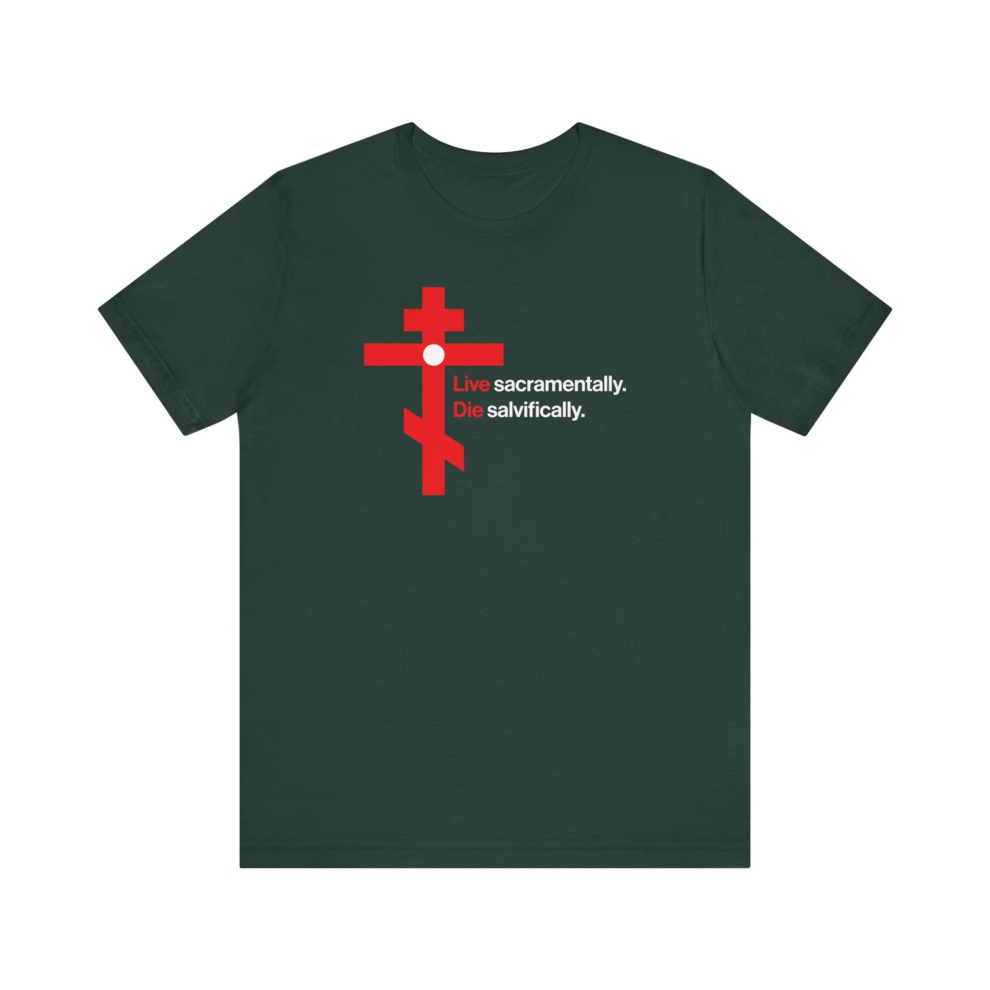 Live Sacramentally, Die Salvifically | Remember You Will Die | Memento Mori | Red Orthodox Cross White Circle | Lightweight Cotton Unisex Tee