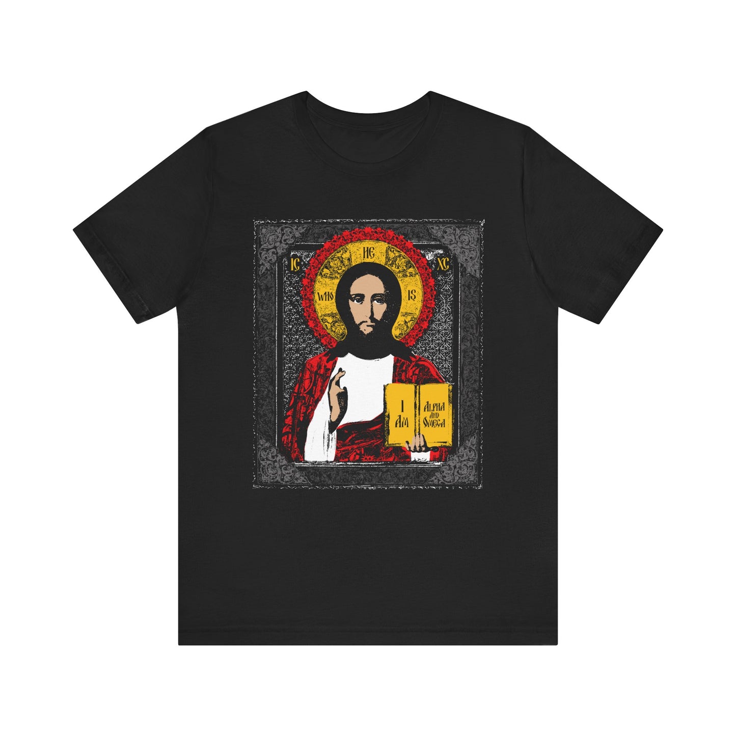 Black "Christ Pantocrator Icono-Graphic" unisex tee in lightweight cotton, featuring a stylized Jesus icon holding a book in red, yellow, and white with the phrase "I AM the Alpha and Omega." Color: Black.