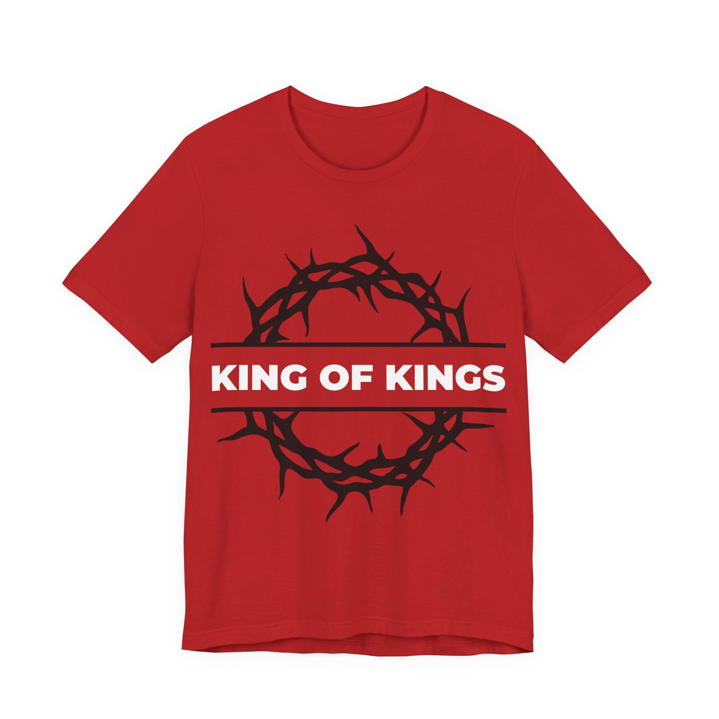 Red "King of Kings Crown of Thorns" unisex cotton tee features a black crown of thorns and bold white lettering, inspired by Revelation 19:16—Christ is King, the King of Glory. Orthodox Christian design.