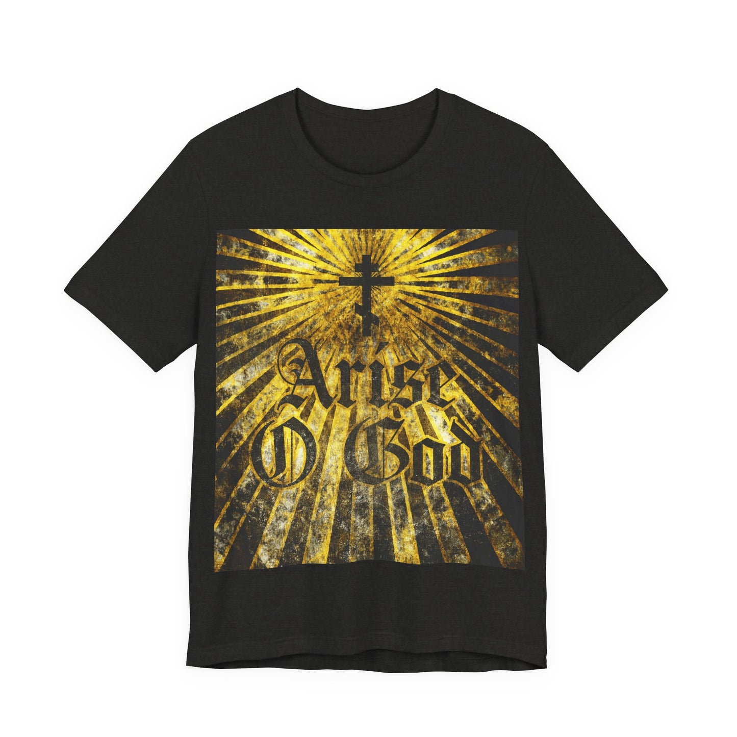 Arise O God | Psalm 81 (82 LXX) Orthodox Christian T-shirt in Black Heather, featuring a textured Gothic font, Orthodox cross, and golden rays—an inspiring tribute to the Divine Council worldview and the Day of the Lord.