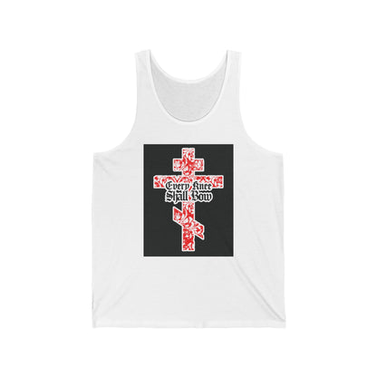 White tank top featuring a gold and red floral Orthodox cross with gothic "Every Knee Shall Bow" text, inspired by Isaiah 45:22-24 & Philippians 2:7-11—a Christian tee celebrating the promise of Jesus Christ.