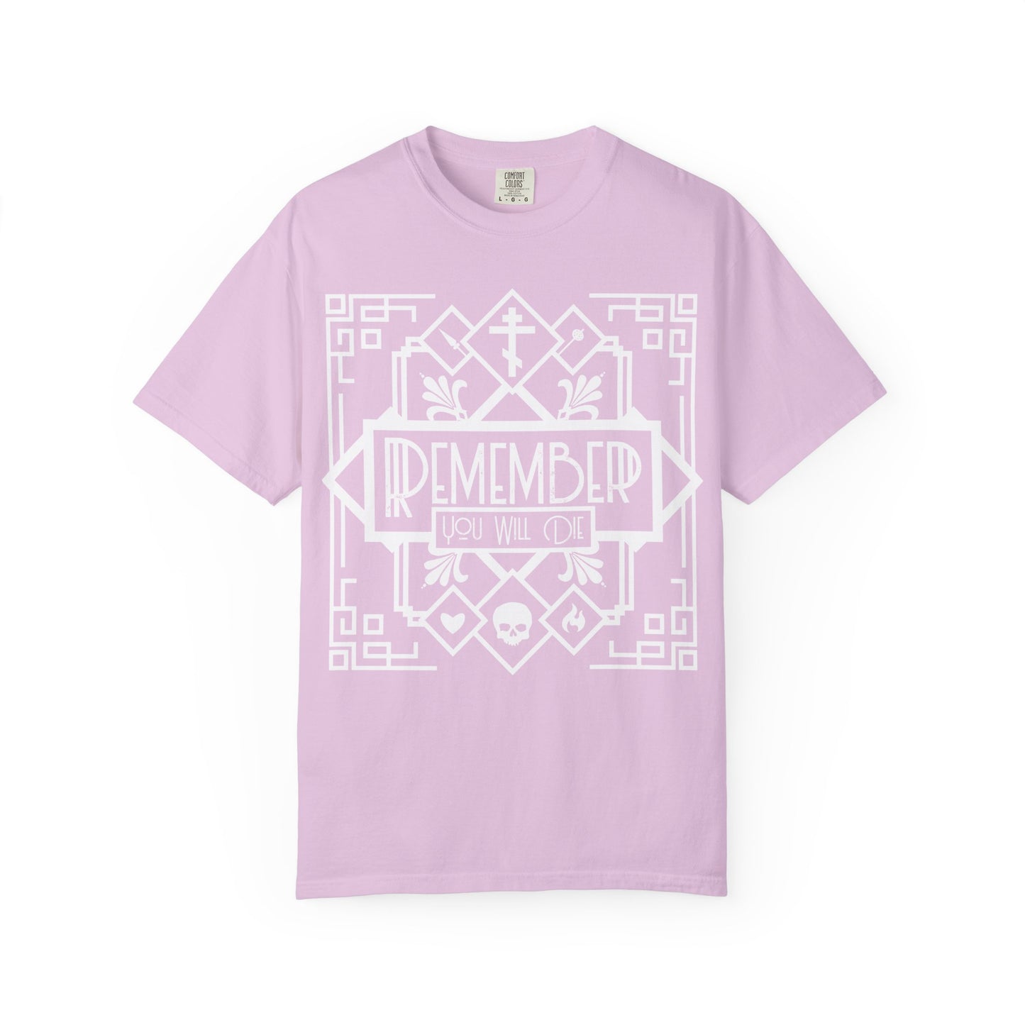 Remember You Will Die Art Deco Design | Black and White Line Art | Skull Heart Fire | Memento Mori | Heavyweight Cotton Unisex T-Shirt