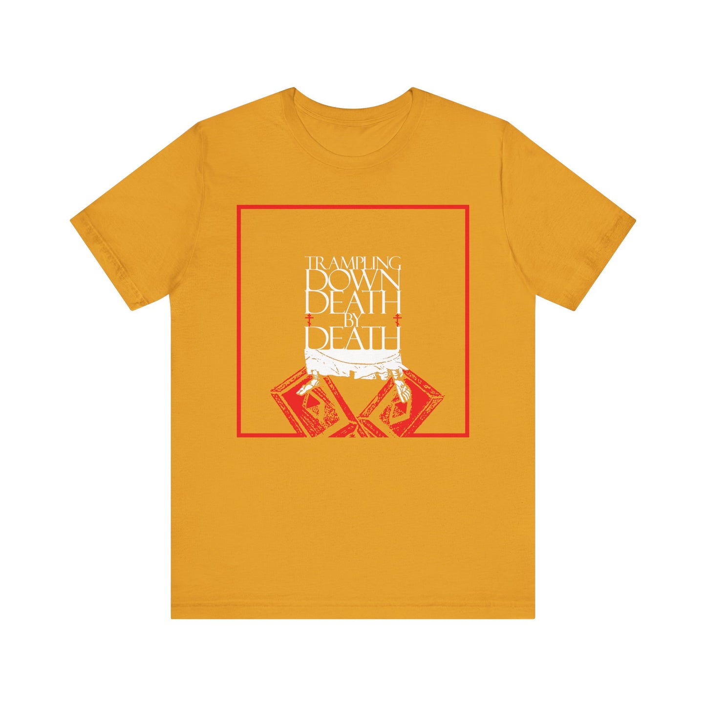 Mustard Trampling Down Death By Death tee featuring iconographic Jesus' feet on the Gates of Hades—an Orthodox Pascha design symbolizing resurrection and eternal life. Lightweight cotton unisex shirt.