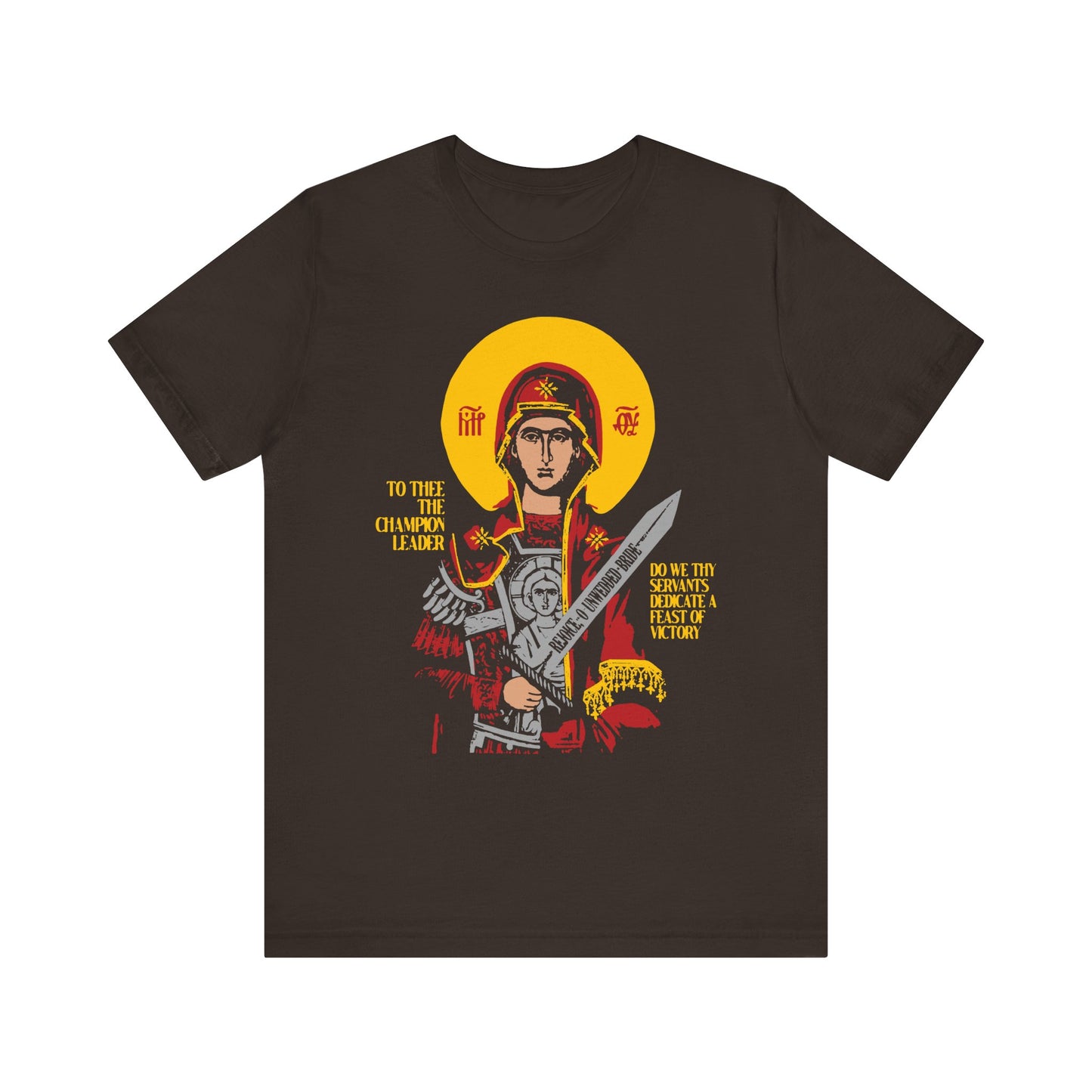 Brown t-shirt featuring artwork of the Theotokos as a champion leader holding a sword and halo, with yellow Orthodox Christian text referencing the Divine Incarnation. Lightweight cotton unisex tee.