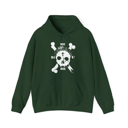 Dark green hoodie featuring a white retro skull & crossbones, Orthodox cross, laurel wreath, and "DIE BEFORE YOU DIE"—a Memento Mori and ascetic Christian nod to Matthew 16:24-25.