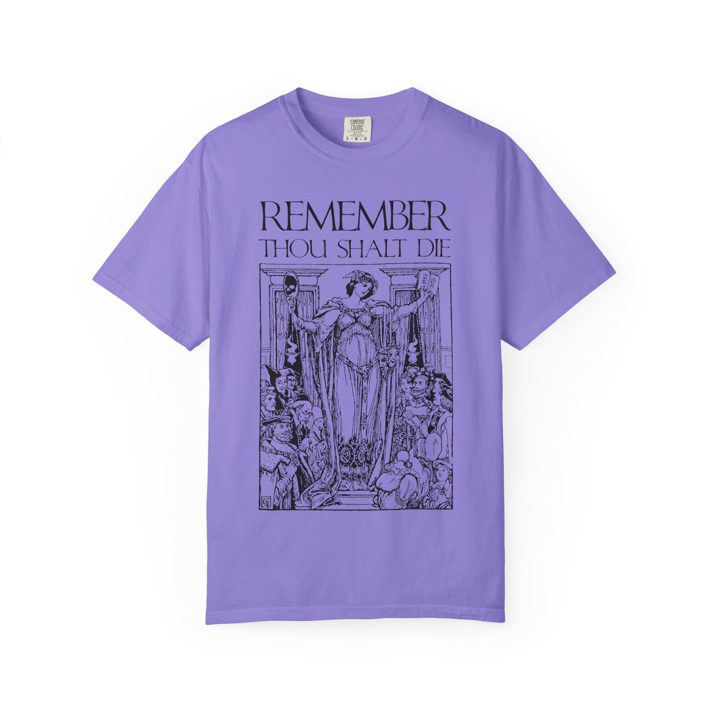 Violet tee featuring a classic woodcut illustration and "Remember You Will Die"—a Shakespearean, Memento Mori-themed Christian design in heavyweight cotton unisex style.