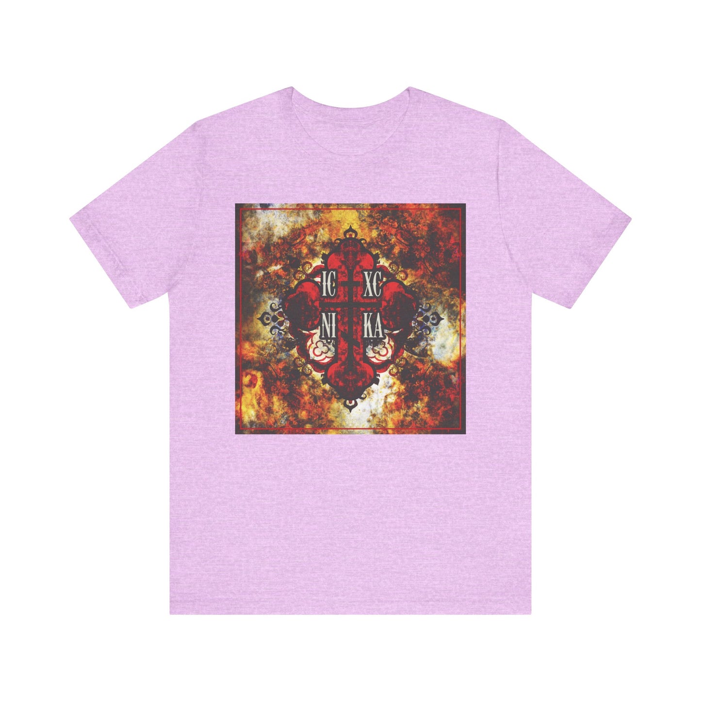 Heather Prism Lilac unisex lightweight cotton tee featuring a bold, textured red Orthodox cross (ICXC NIKA) on a fiery yellow and orange background in the center—design inspired by the wisdom of St Ambrose of Optina to keep Jesus in your heart and guard against unclean thoughts.