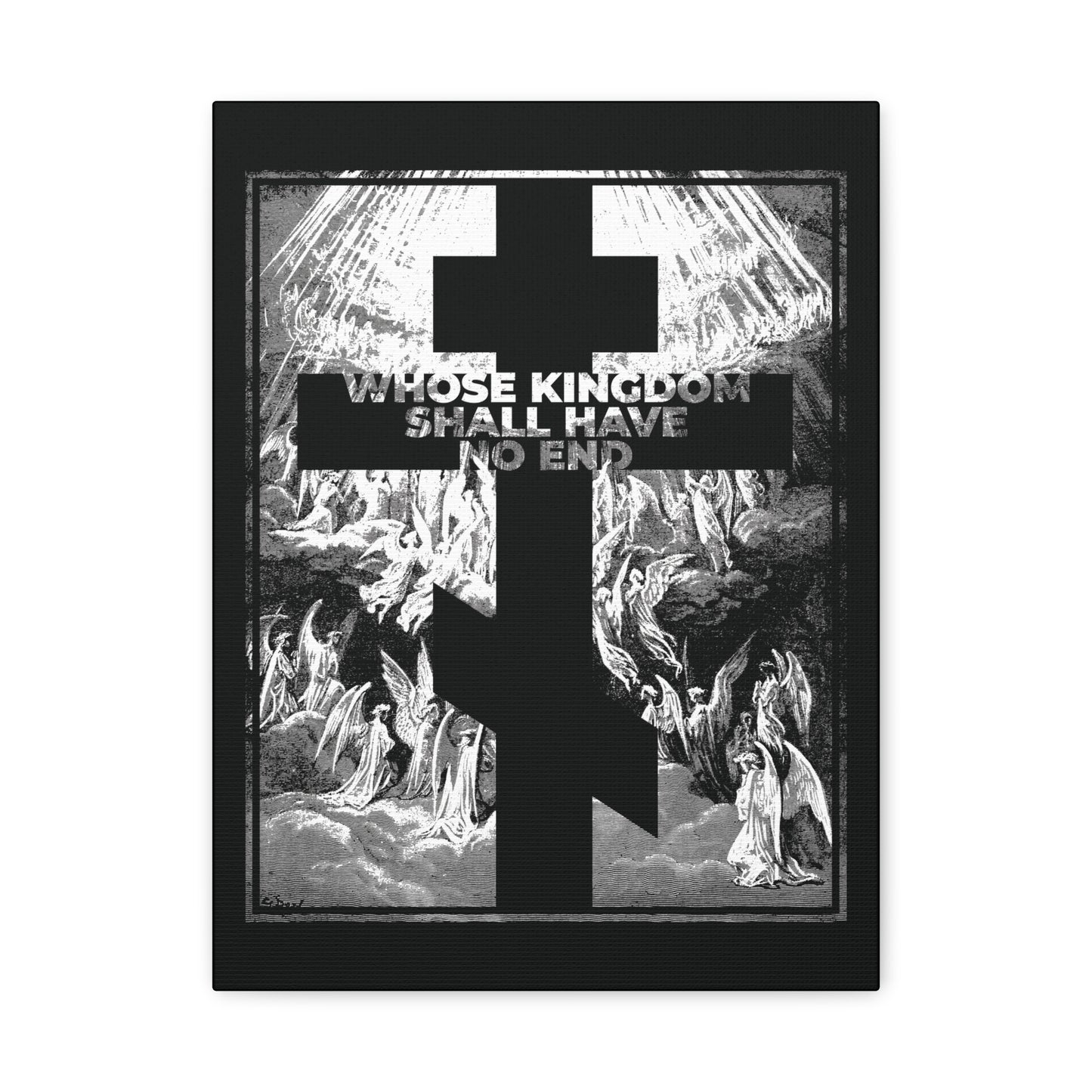 Whose Kingdom Shall Have No End: This Orthodox wall art features a black cross over angels with rays, inspired by the Nicene Creed and Gustave Dore’s etching—an apocalyptic symbol of faith and revelation.