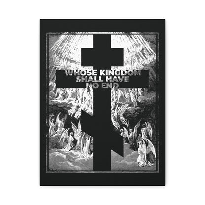 Whose Kingdom Shall Have No End: This Orthodox wall art features a black cross over angels with rays, inspired by the Nicene Creed and Gustave Dore’s etching—an apocalyptic symbol of faith and revelation.
