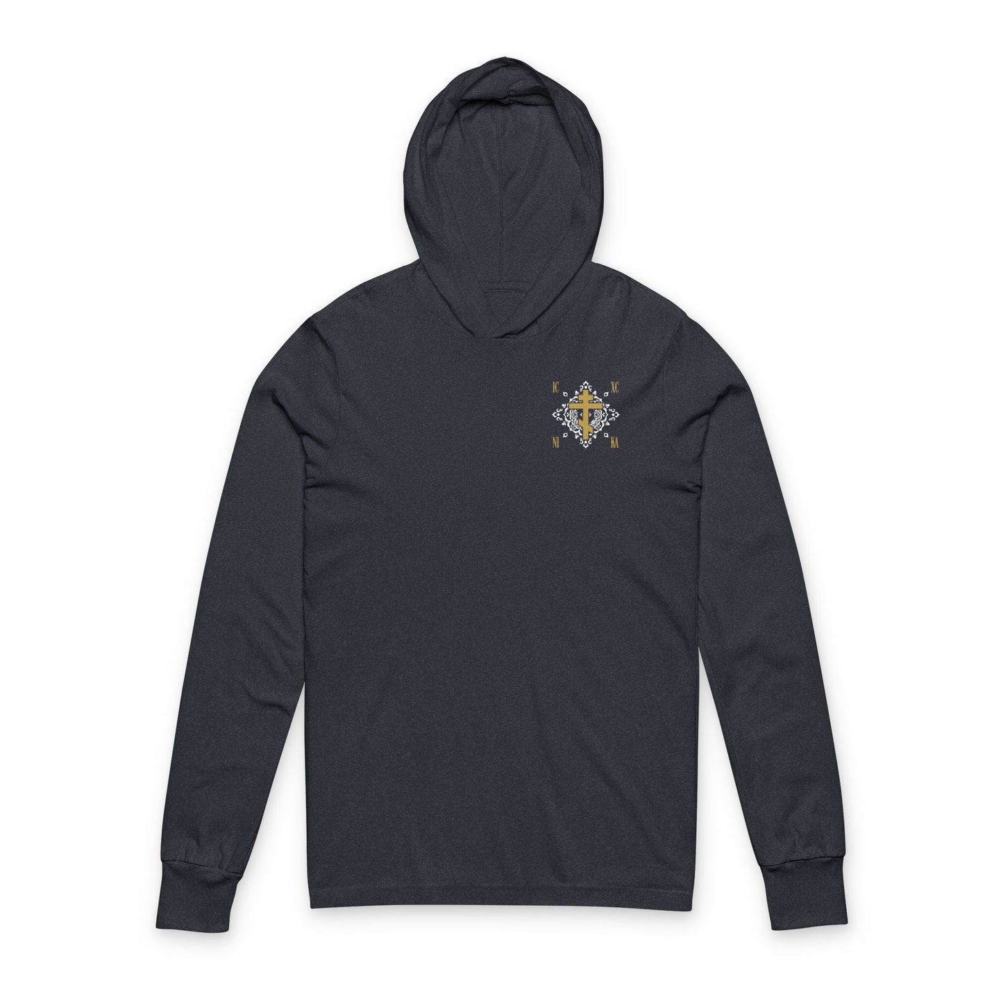 Gold Orthodox Cross ICXC NIKA  (Small Design) | White Medieval Ornate Floral Pattern | Jesus Christ Conquers | Christian Hooded Shirt