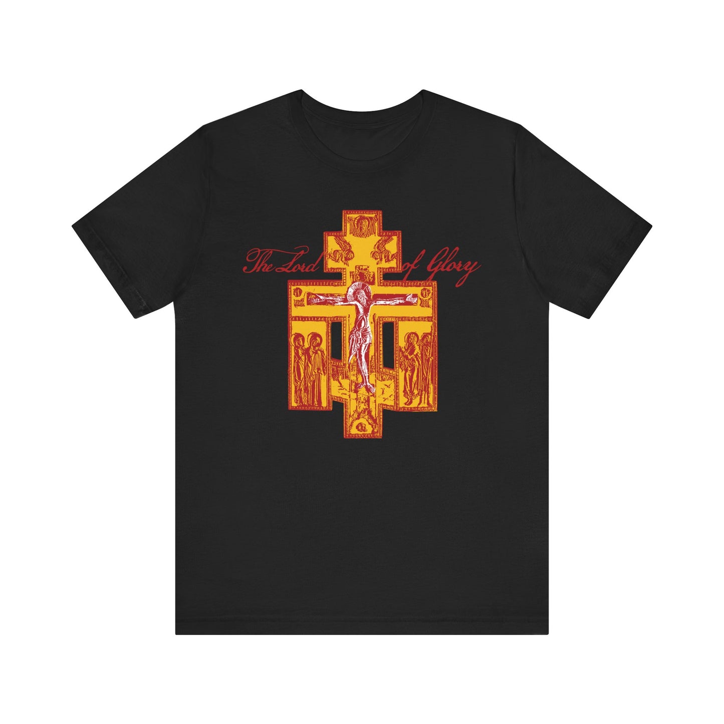 Black The Lord of Glory | Russian Golgotha Crucifix IconoGraphic T-shirt featuring a striking red and yellow cross, religious iconography, and "The Lord of Glory" text. This unisex lightweight cotton tee draws inspiration from 1 Corinthians 2:8 and the teachings of St. Augustine of Hippo, offering an Orthodox Christian design that expresses faith and wisdom.