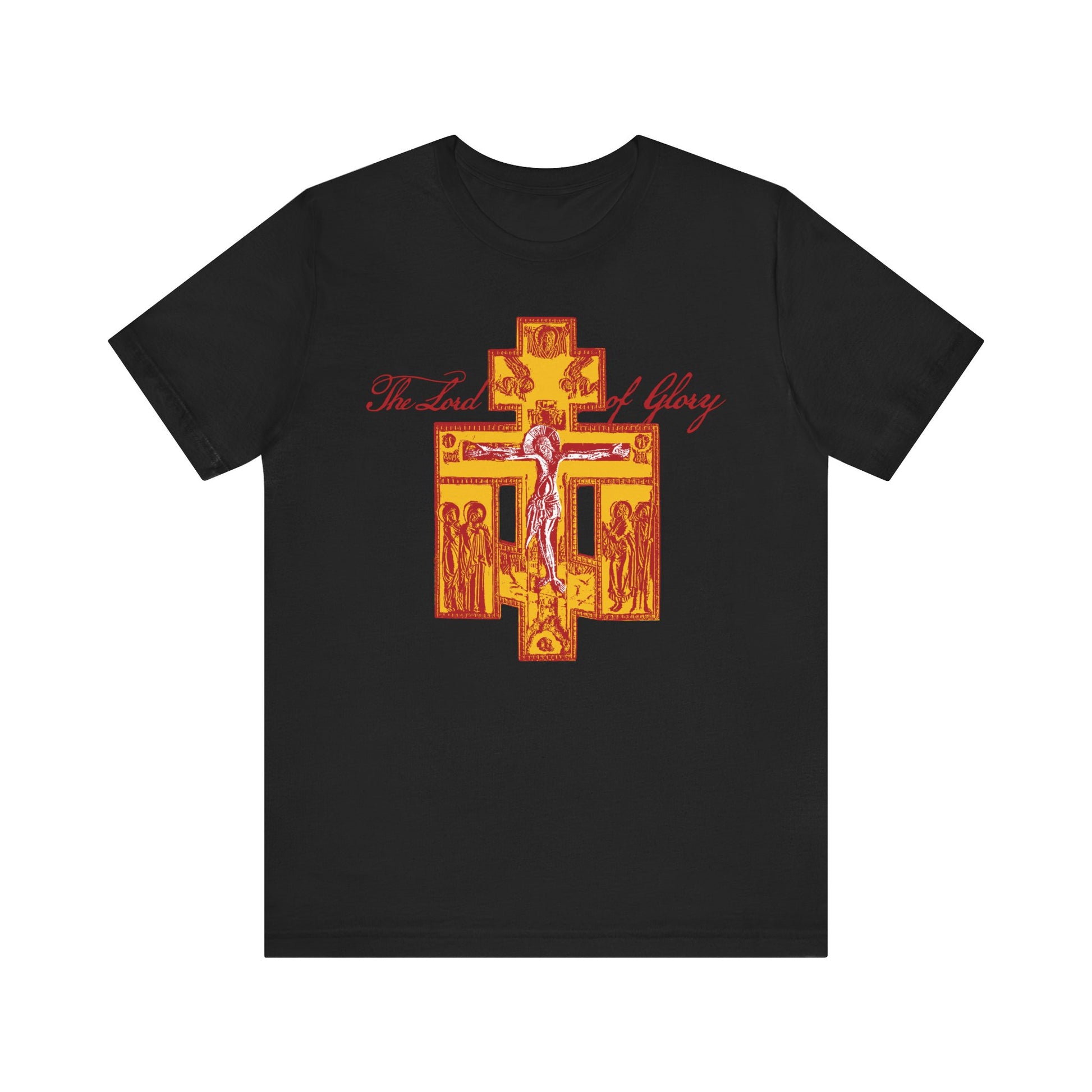 Black The Lord of Glory | Russian Golgotha Crucifix IconoGraphic T-shirt featuring a striking red and yellow cross, religious iconography, and "The Lord of Glory" text. This unisex lightweight cotton tee draws inspiration from 1 Corinthians 2:8 and the teachings of St. Augustine of Hippo, offering an Orthodox Christian design that expresses faith and wisdom.