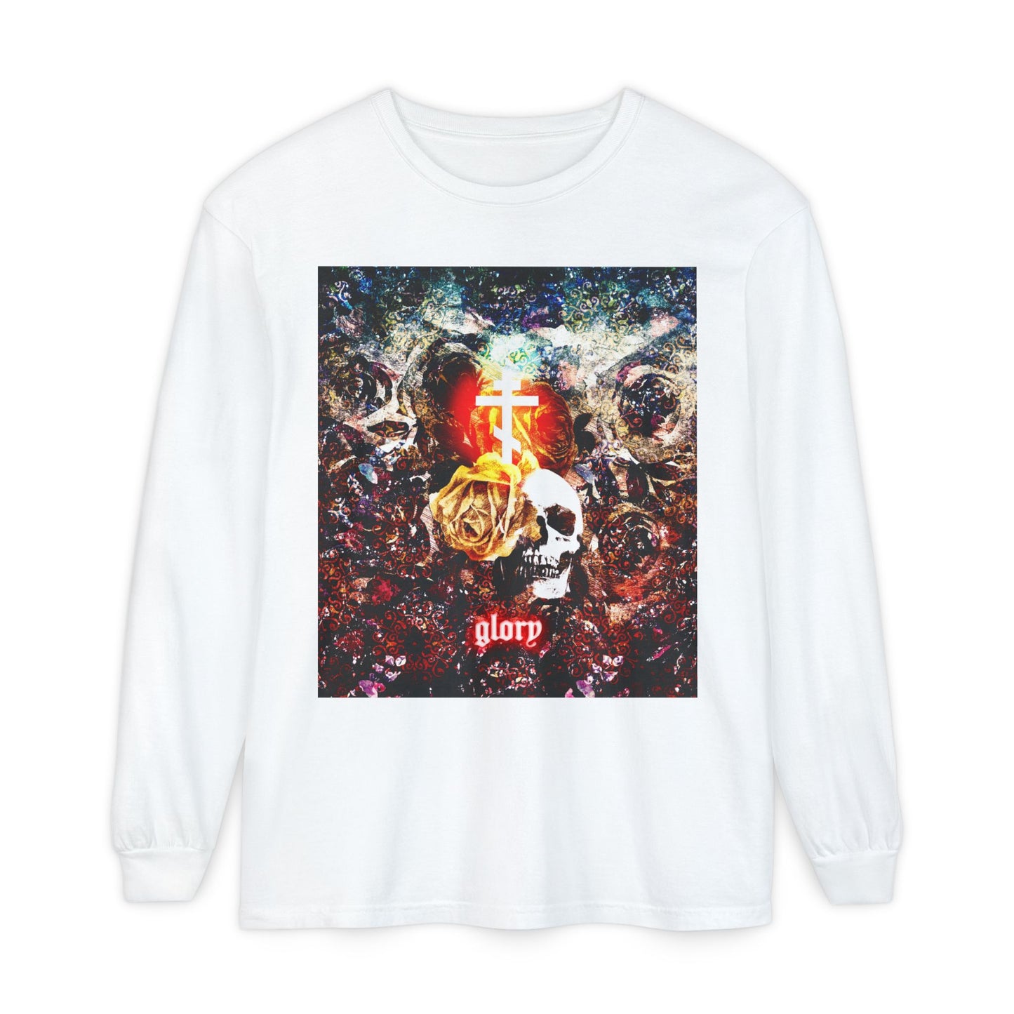 Now the Son of Man is Glorified (John 13:31) | Skull and Floral Glowing Cross Design | Orthodox Christian Long Sleeve Shirt