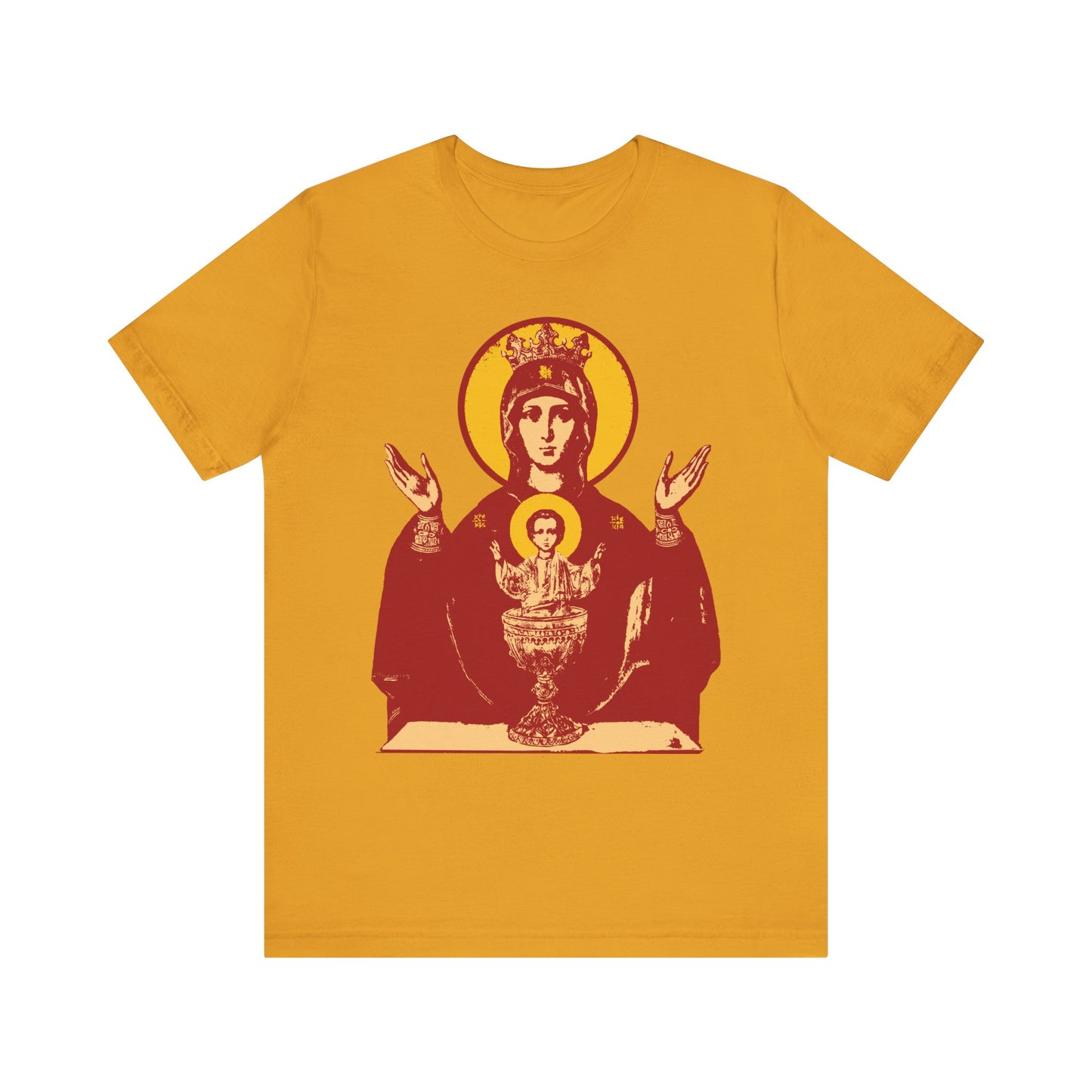 Mustard Holy Theotokos IconoGraphic of the Inexhaustible Chalice t-shirt, featuring a red icon with Theotokos and child; lightweight unisex cotton tee honoring the Deliverer from Addictions and Conqueror of Passions.