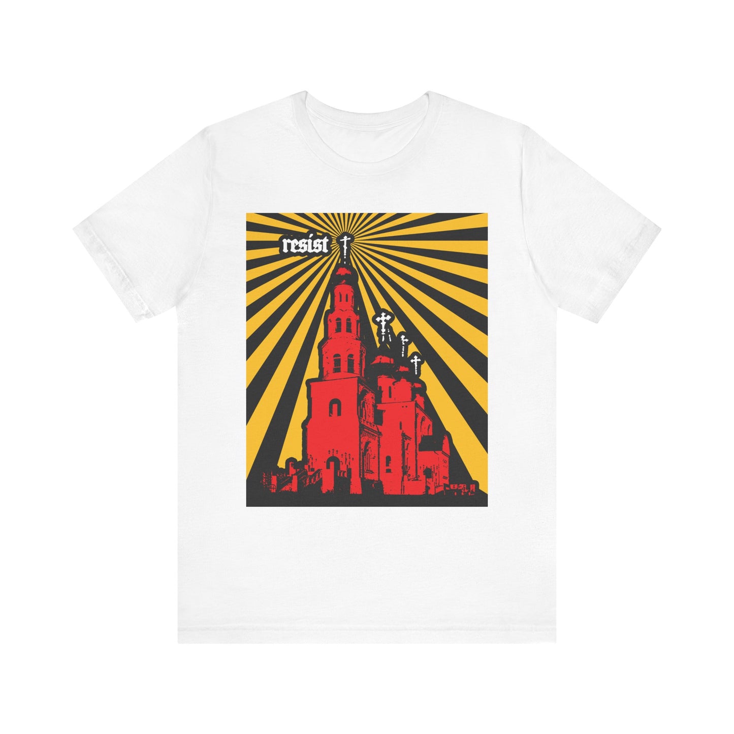 White "Resist (Orthodoxy Against the World)" tee, made from lightweight cotton, features a bold red church with yellow rays and the word "resist" on a black background—a striking Christian unisex shirt proclaiming that the Orthodox Church is a beacon for the world and echoing St. Ignatius Brianchaninov’s call to stand firm against apostasy.