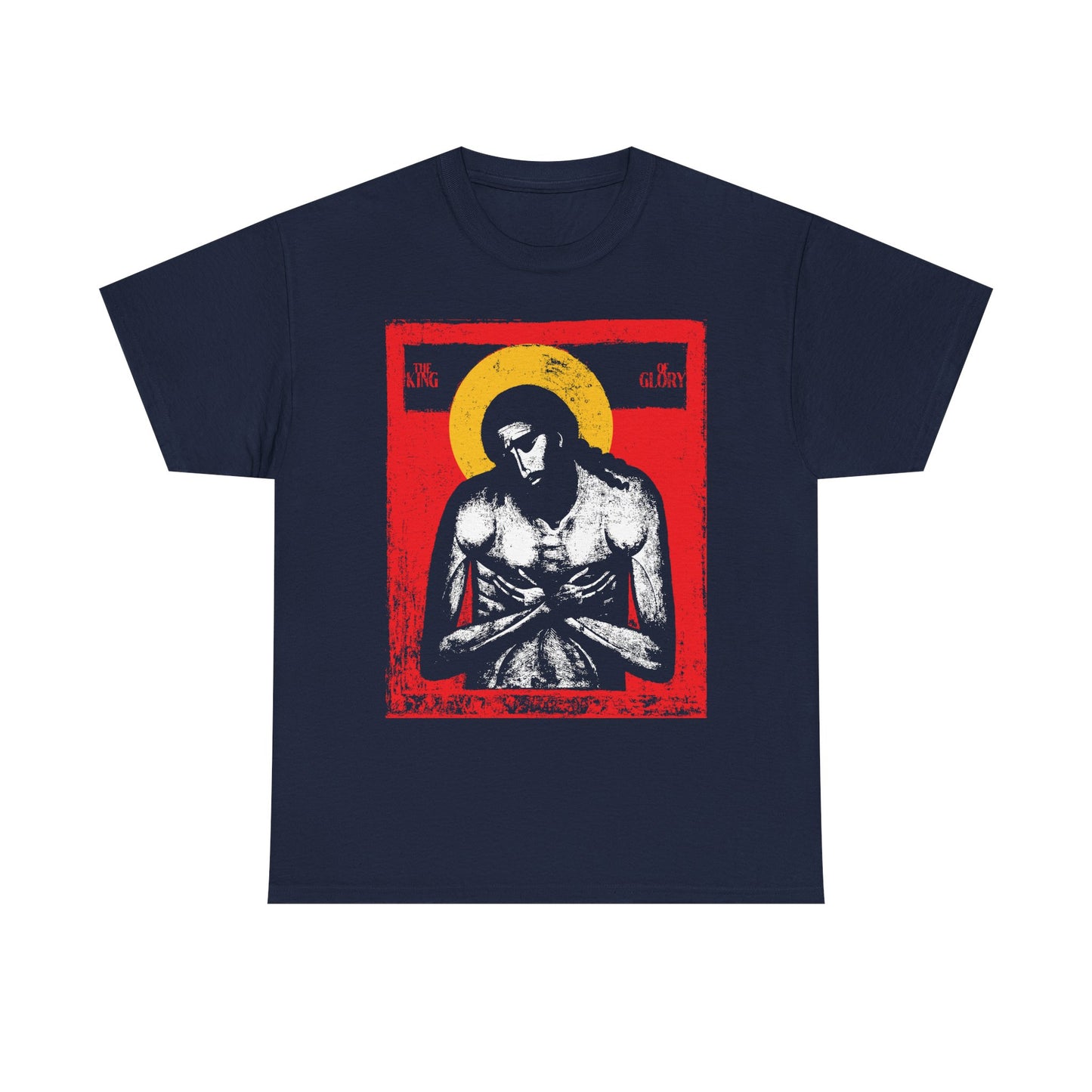 Navy "The King of Glory Jesus Christ 'Extreme Humility' IconoGraphic" heavy cotton tee features a striking red, yellow, white, and black devotional design—an inspiring tribute to His sacrifice for Christian faith.