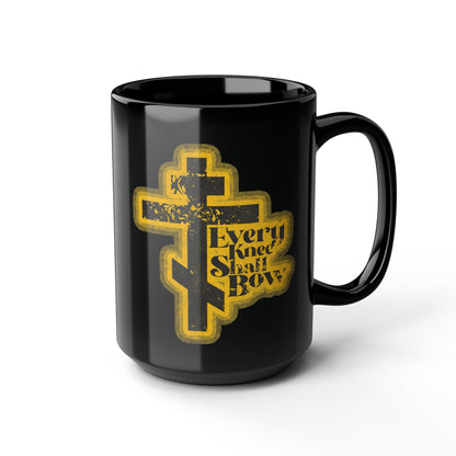 Black mug with 70s distressed halftone comic book design, featuring “Every Knee Shall Bow,” inspired by Philippians 2:10-11 & Isaiah 45:23—an Orthodox Christian reminder that Jesus Christ is Lord.