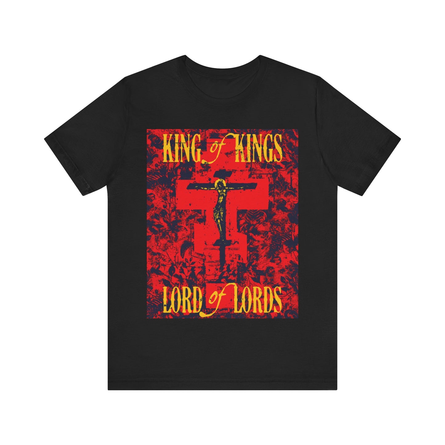 King of Kings, Lord of Lords | Christ Crucified Orthodox Icono-Graphic | Yellow & Red Design | Nature Texture | Lightweight Cotton Unisex T-Shirt