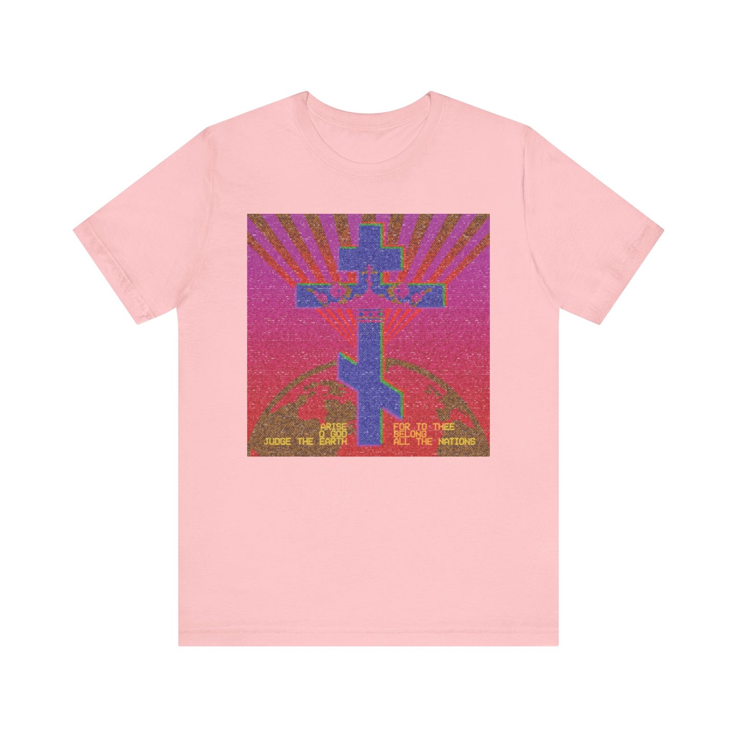 Pink "Arise, O God, Judge the Earth" T-shirt inspired by Psalm 81, featuring an 80s retro VCR/computer pixel graphic. Orthodox Christian unisex lightweight cotton.