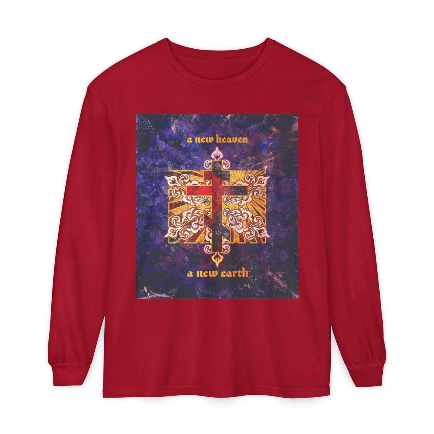 A New Heaven/A New Earth | Red Orthodox Cross on Textured Ornate Background | Red Blue & Gold Design | Orthodox Long Sleeve Cotton Shirt