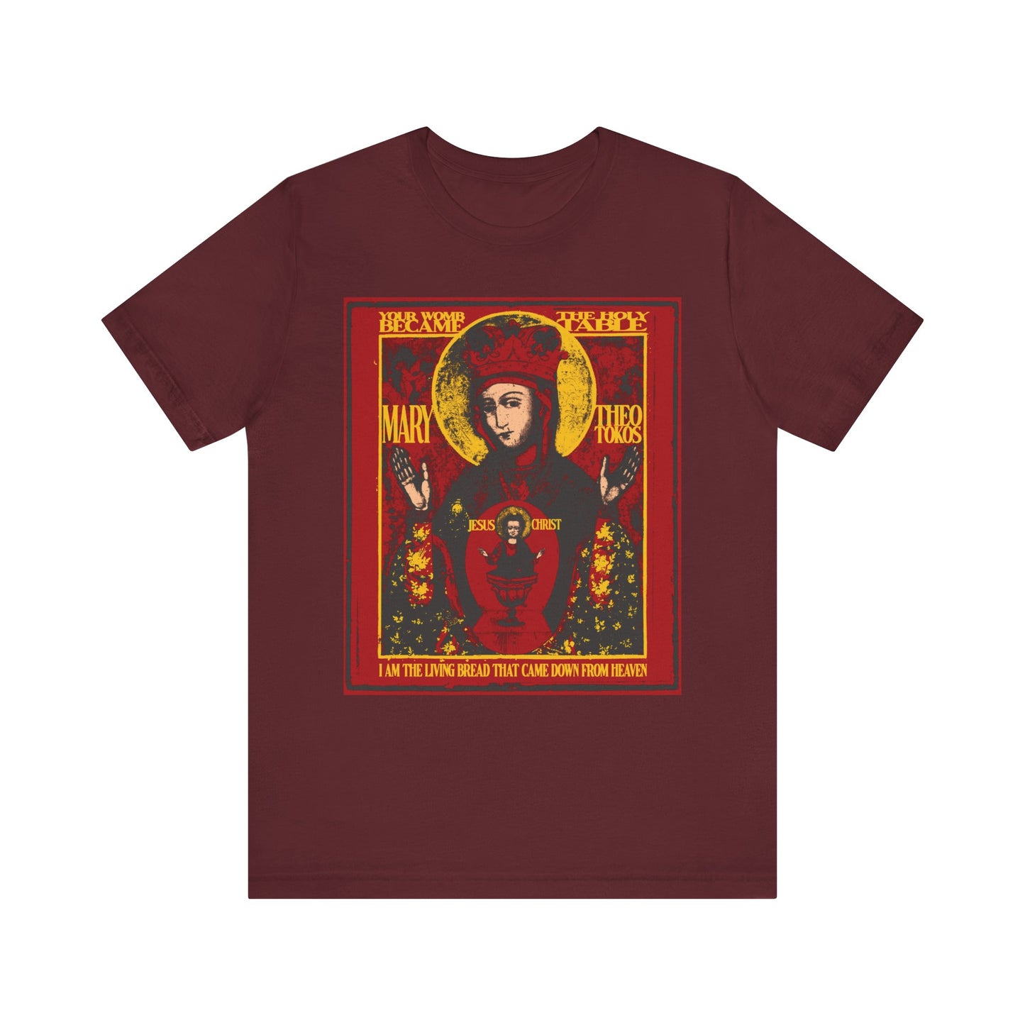 Introducing the "Mother of God of Nicaea Christ In Chalice" Orthodox Lightweight Cotton Unisex Tee in maroon—a shirt featuring an ornate iconographic design inspired by ancient Nicaea traditions, depicting the Most Holy Theotokos holding a heart and chalice with intricate gold, red, and black details.