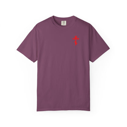 Berry-colored "O Death Where is Thy Victory?" heavyweight cotton unisex tee, featuring a small red cross on the front left chest—subtly evoking themes of Incarnation and Resurrection—displayed on a white background.