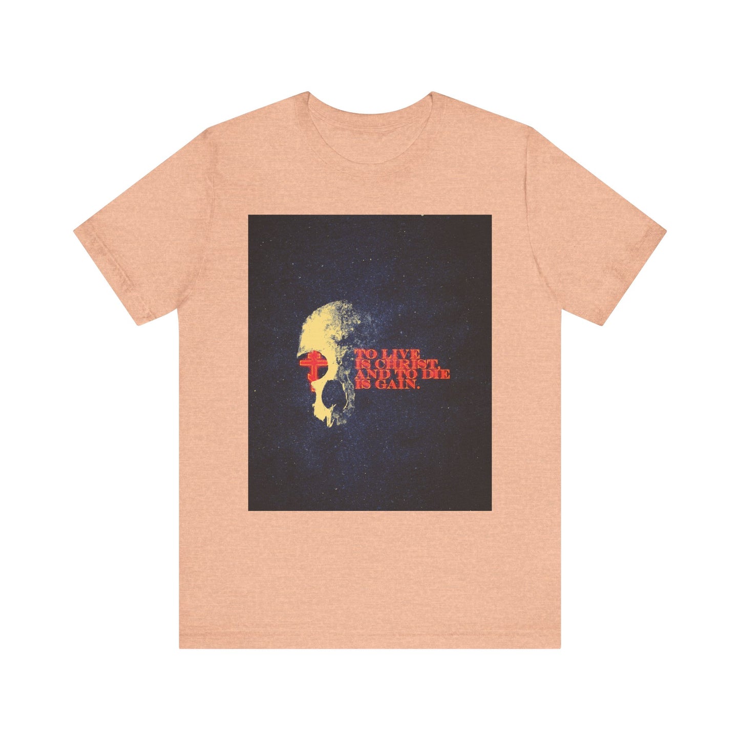 Check out our Heather Peach "To Live is Christ and to Die is Gain" unisex tee, featuring a retro textured skull graphic, glowing letters and cross, all inspired by Philippians 1:21—a bold design that makes a profound statement of faith.