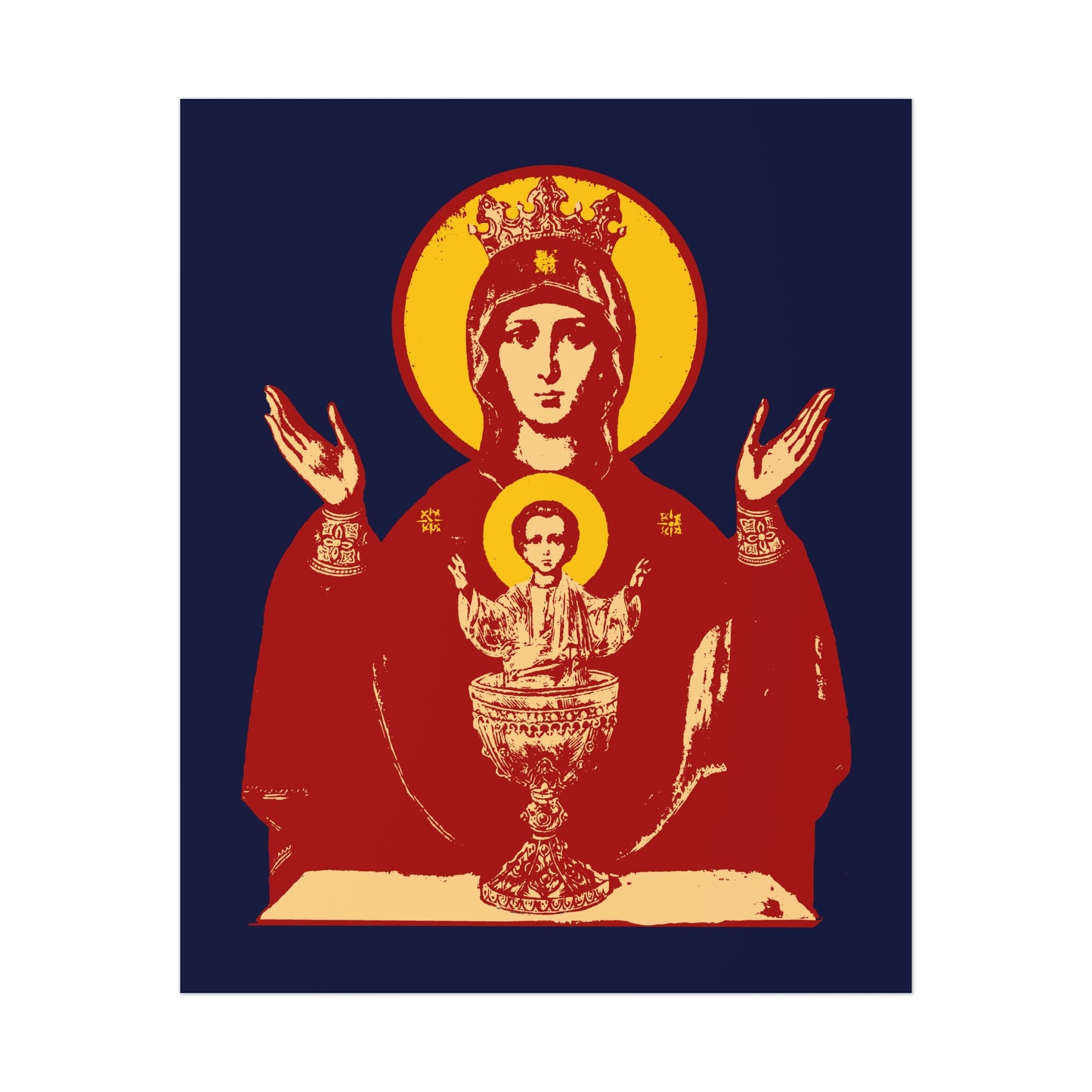 Holy Theotokos IconoGraphic of the Inexhaustible Chalice art poster: crowned Mary with halo and raised hands, Christ child in a chalice, symbolizing deliverance from addictions. Orthodox Christian decor on a dark blue background.